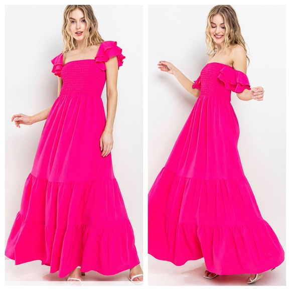 Boho Solid Flared Sleeve Long Tiered Dress - Picture 3 of 4